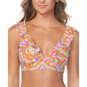 Raisins Womens Juniors' Orange Cannes Printed Ruffled Swim Bikini Top Sz S 15622